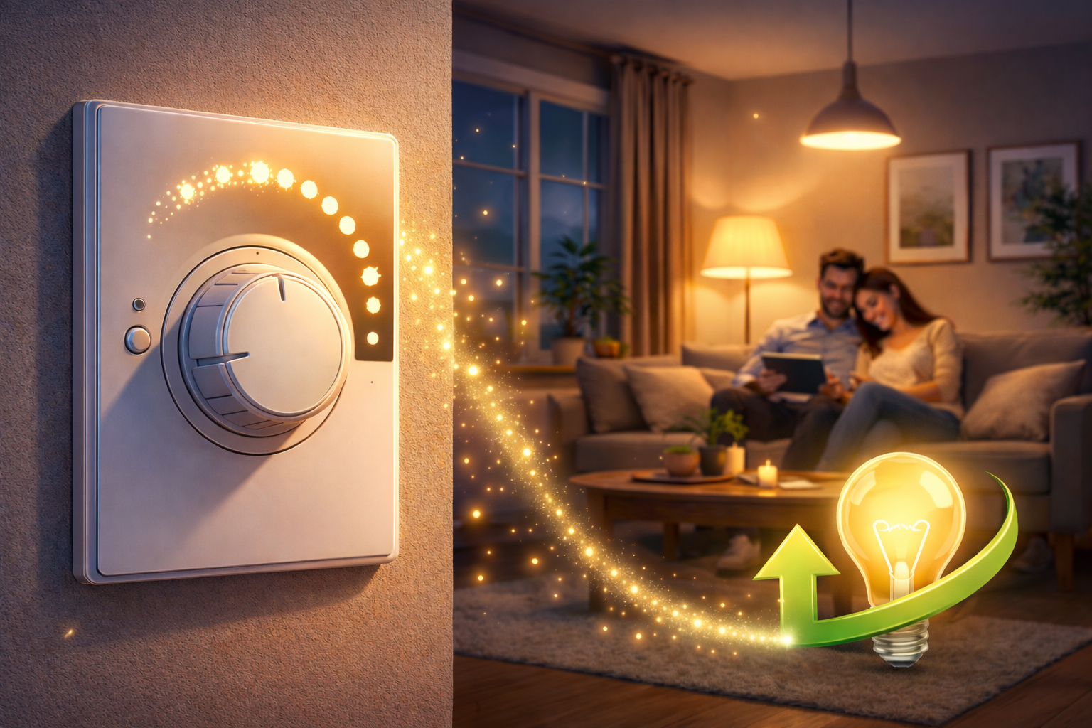 Dimmer switch reducing LED light brightness in a modern living room to save electricity