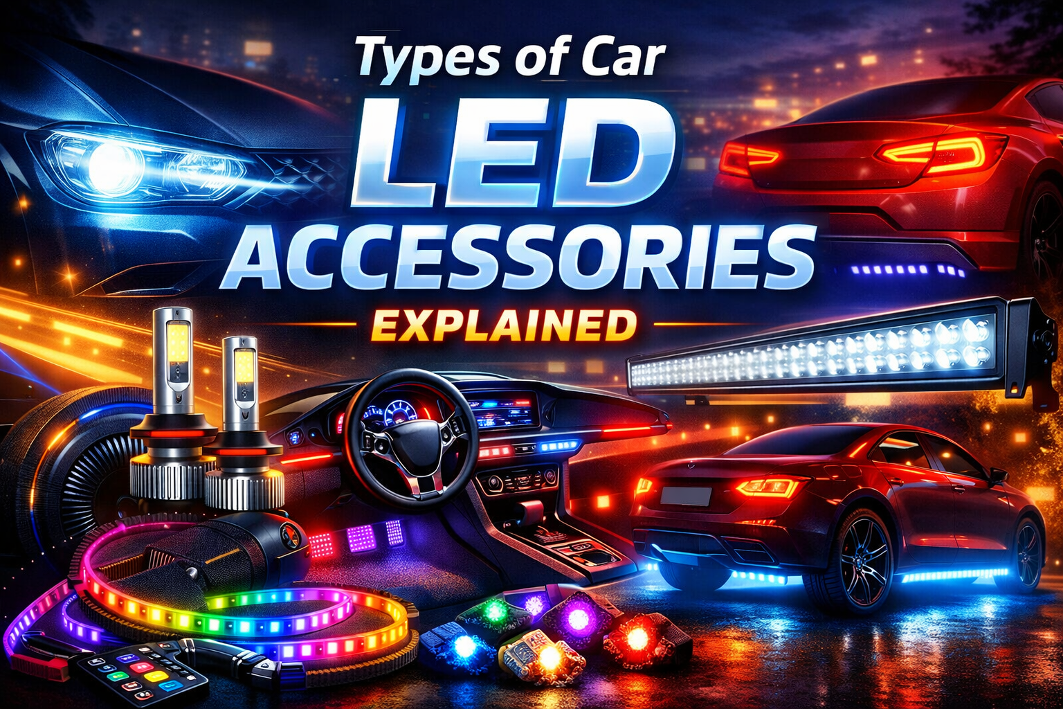 LED car lighting upgrades including headlights, interior RGB lights, and LED light bar