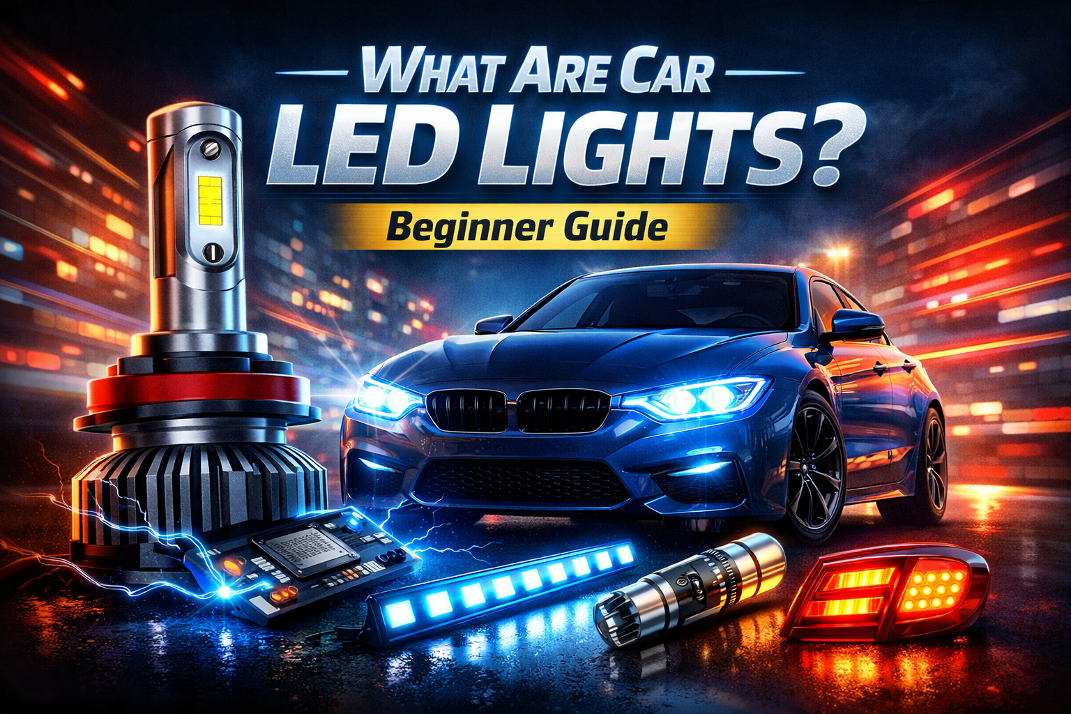 Car LED headlights and LED bulbs displayed with modern vehicle at night