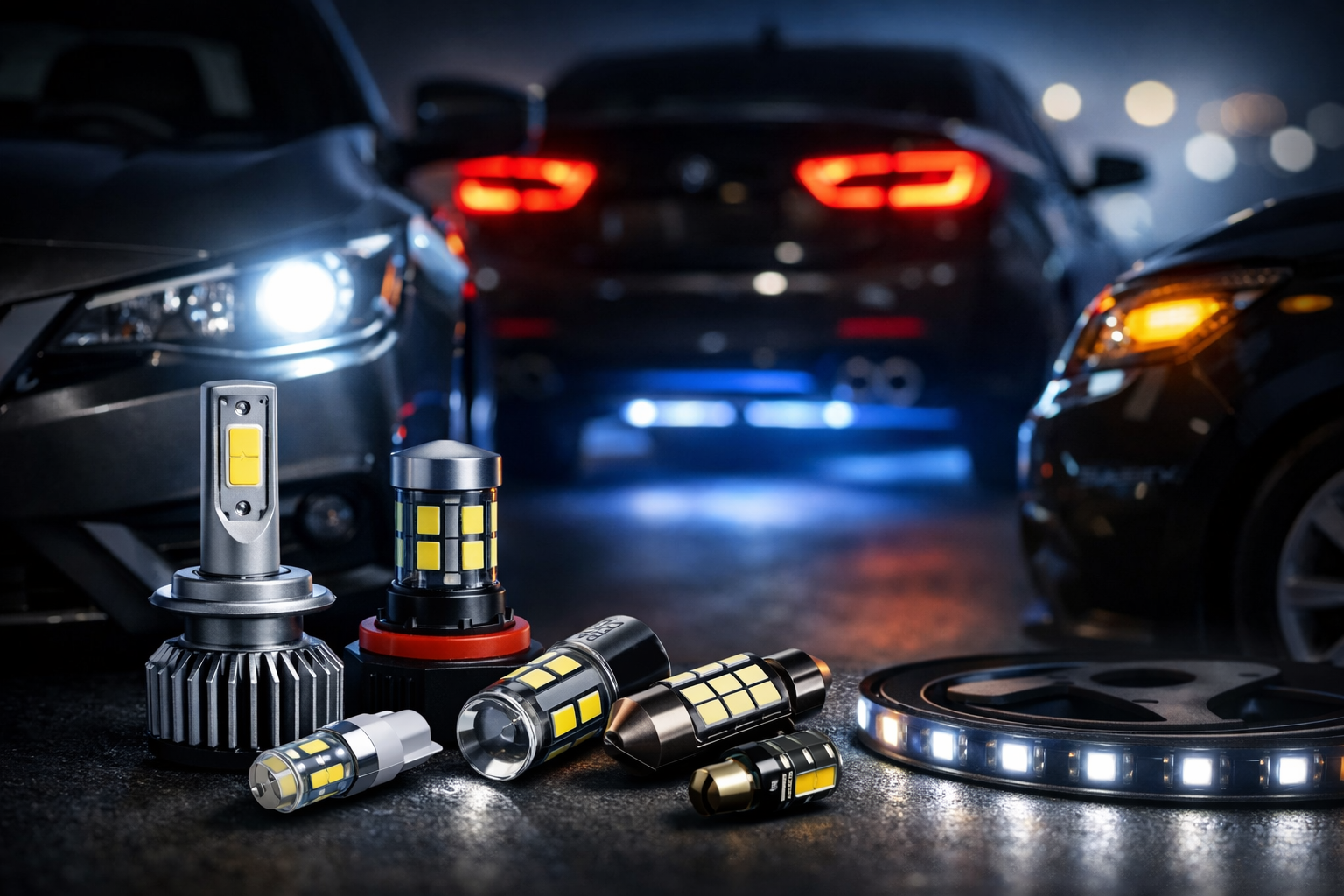 Close-up of different car LED light bulbs with illuminated vehicles in the background