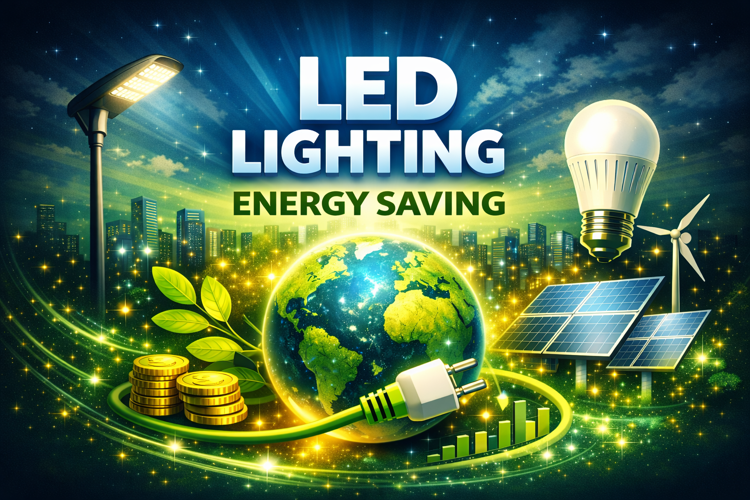 Energy efficient led lighting saving concept with globe, solar panels and efficient light bulb