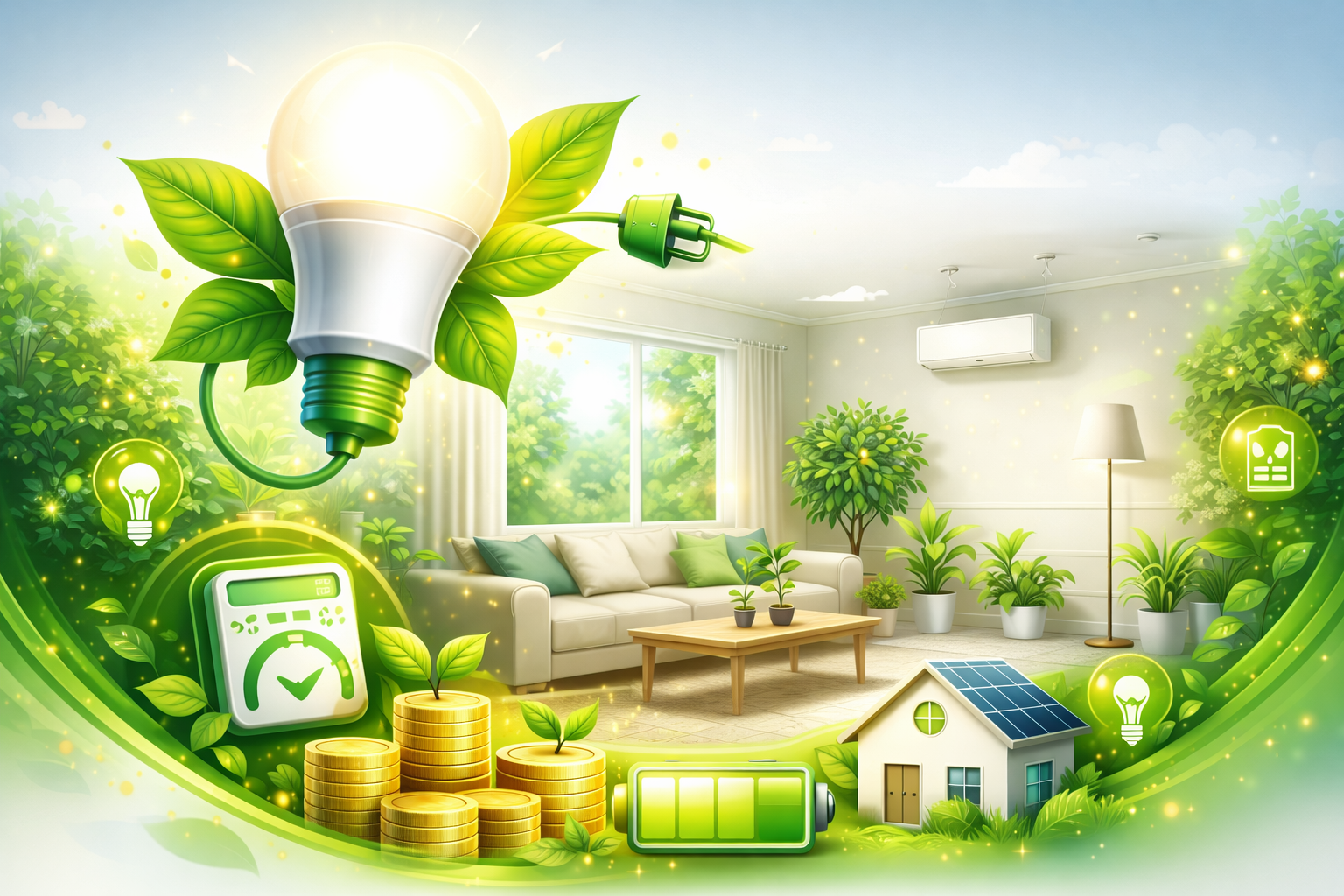 Energy efficient LED lighting illustration in eco-friendly modern living room