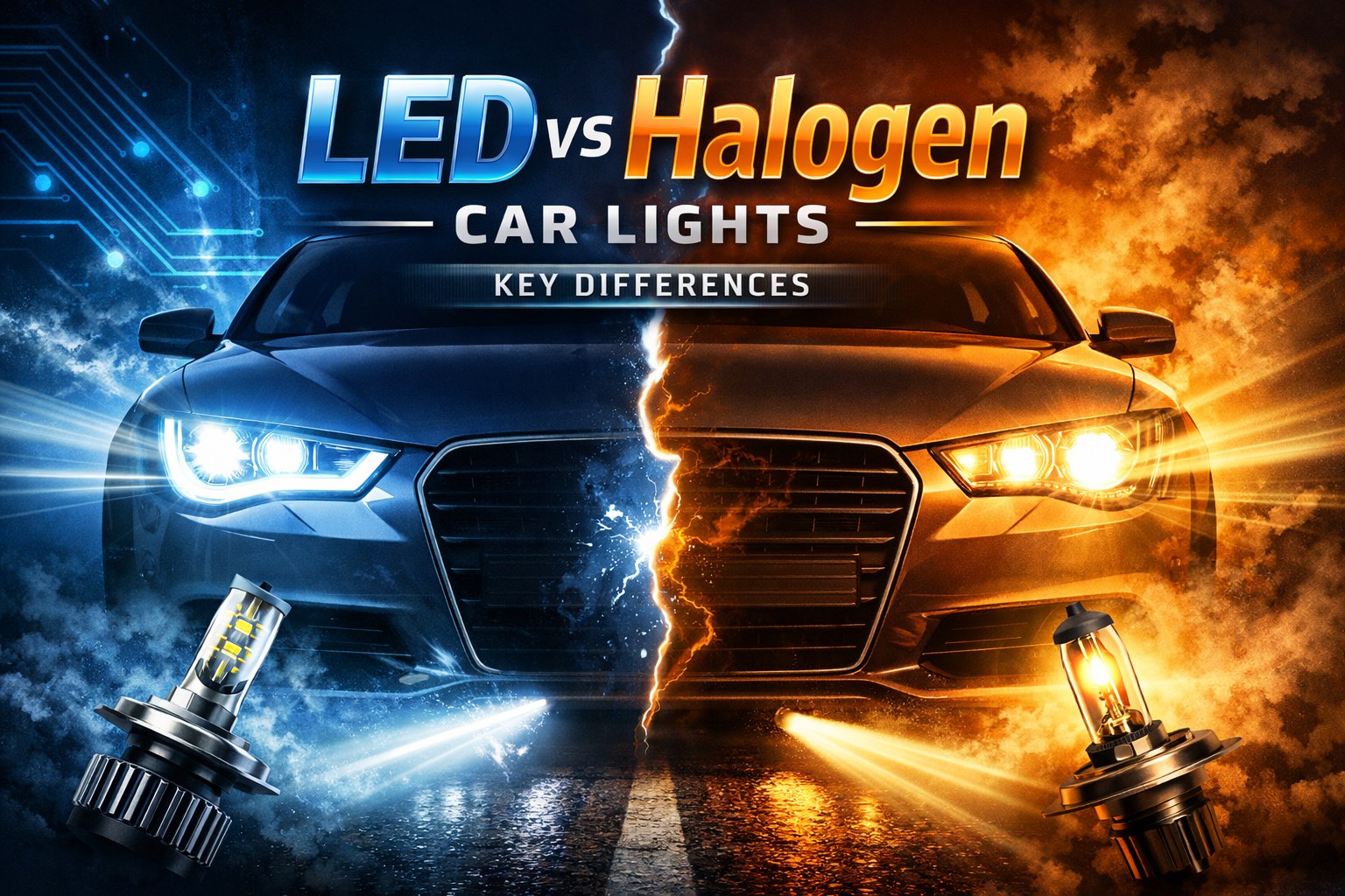LED vs halogen car headlights comparison with blue and orange lighting