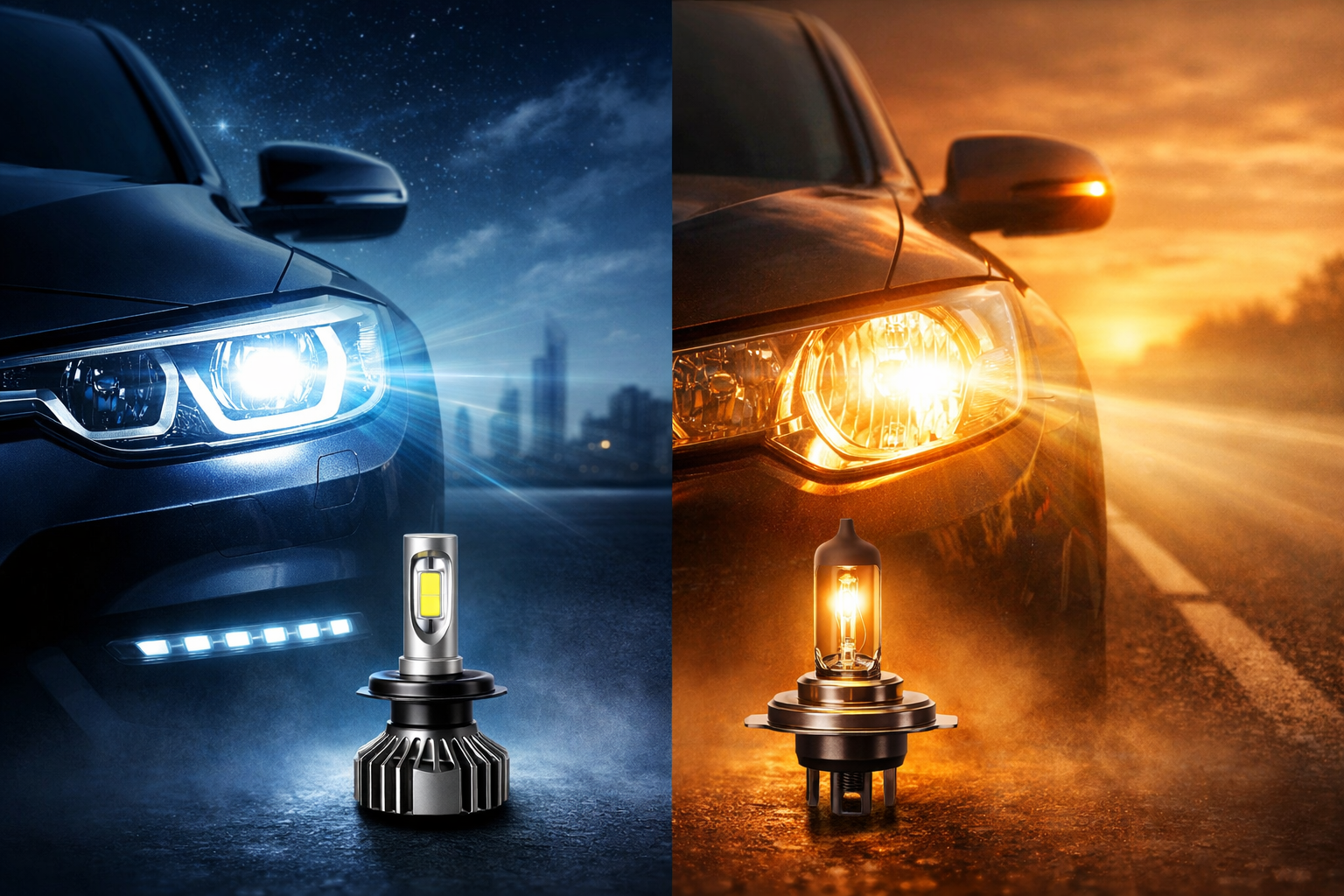LED vs halogen car headlights side-by-side comparison at night
