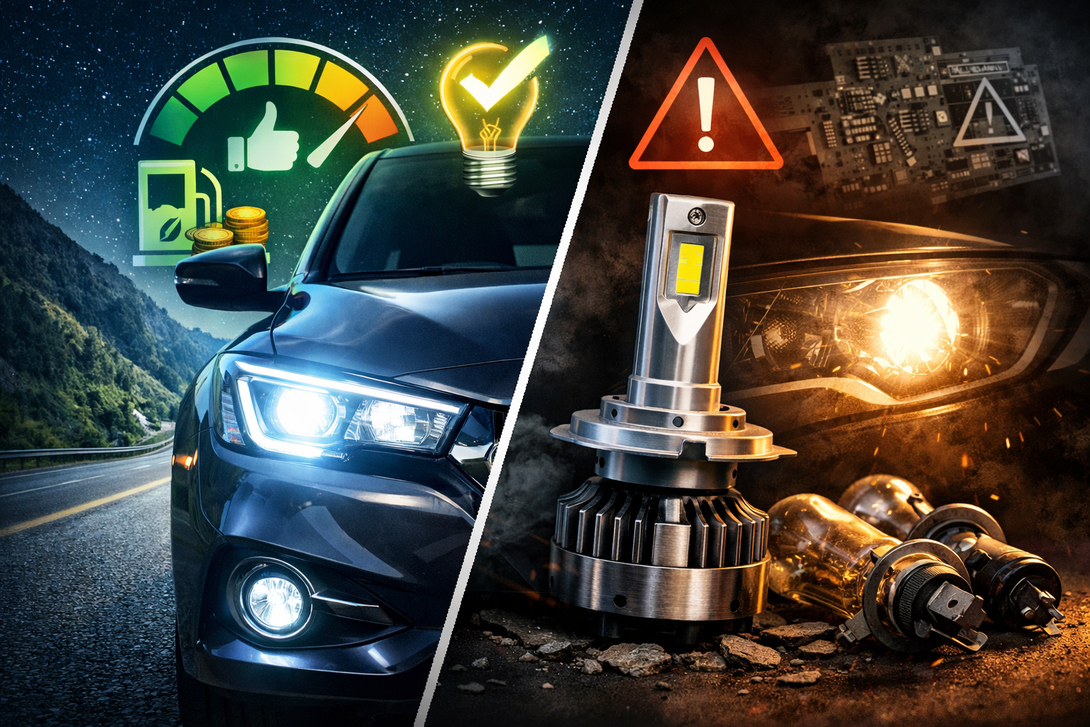 LED lights for cars headlights comparison showing modern LED lighting and traditional bulbs