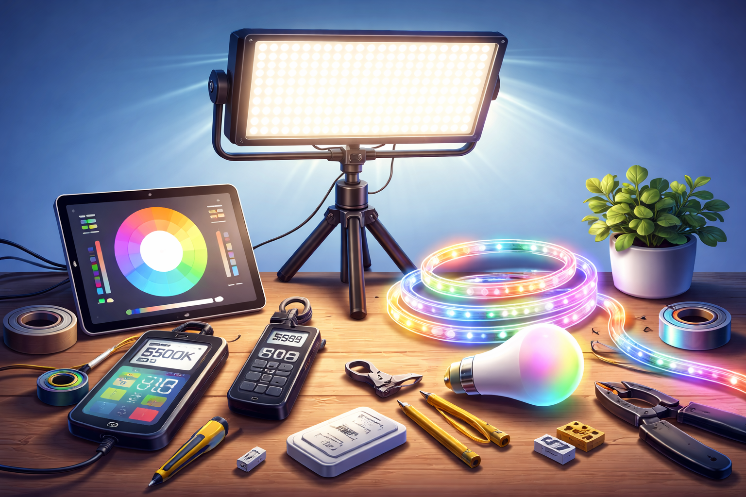 LED lighting tips and smart bulb setup on workspace table