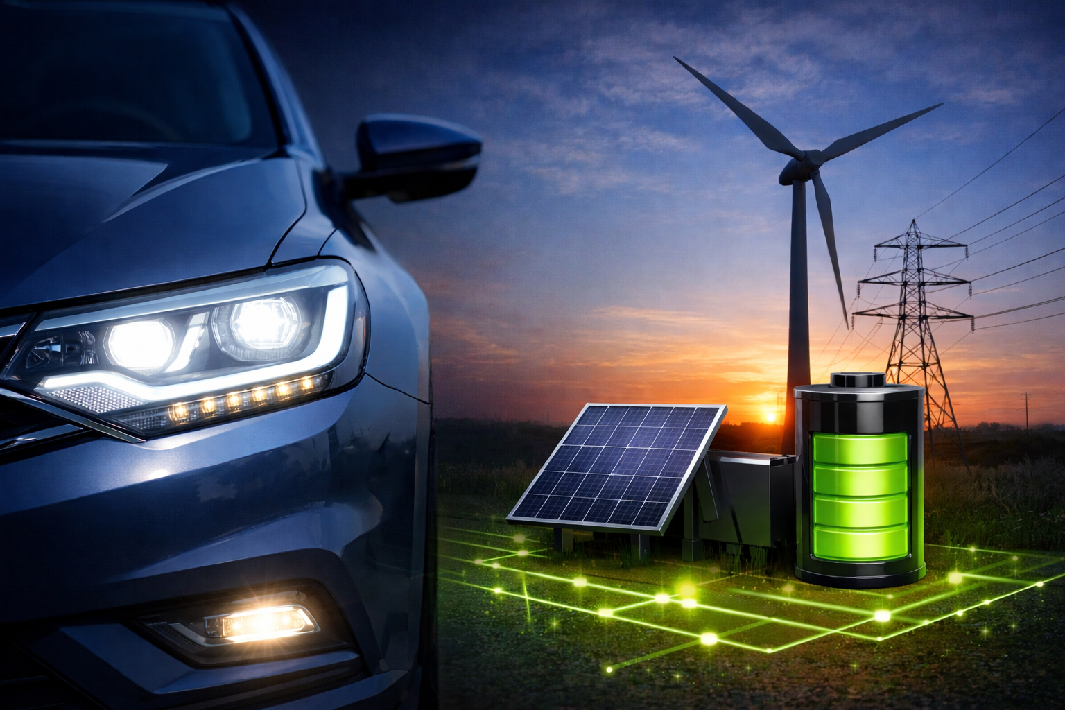 LED car lights energy savings with solar panels and wind turbine symbolizing energy efficiency