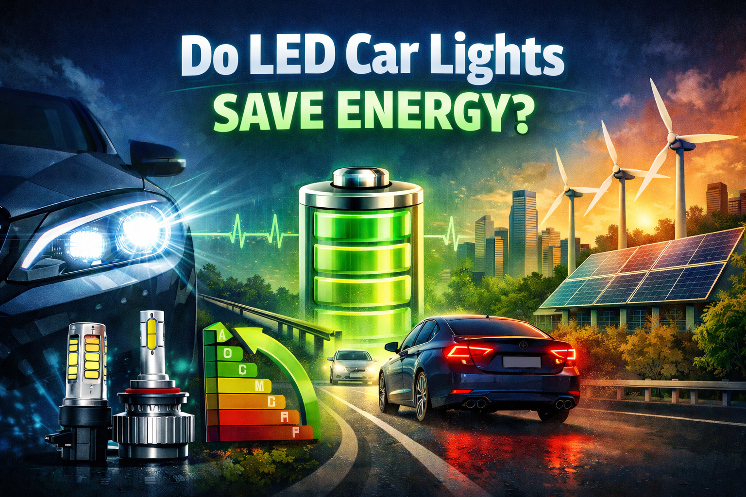 LED car lights energy savings with energy battery icon showing energy-efficient automotive lighting concept