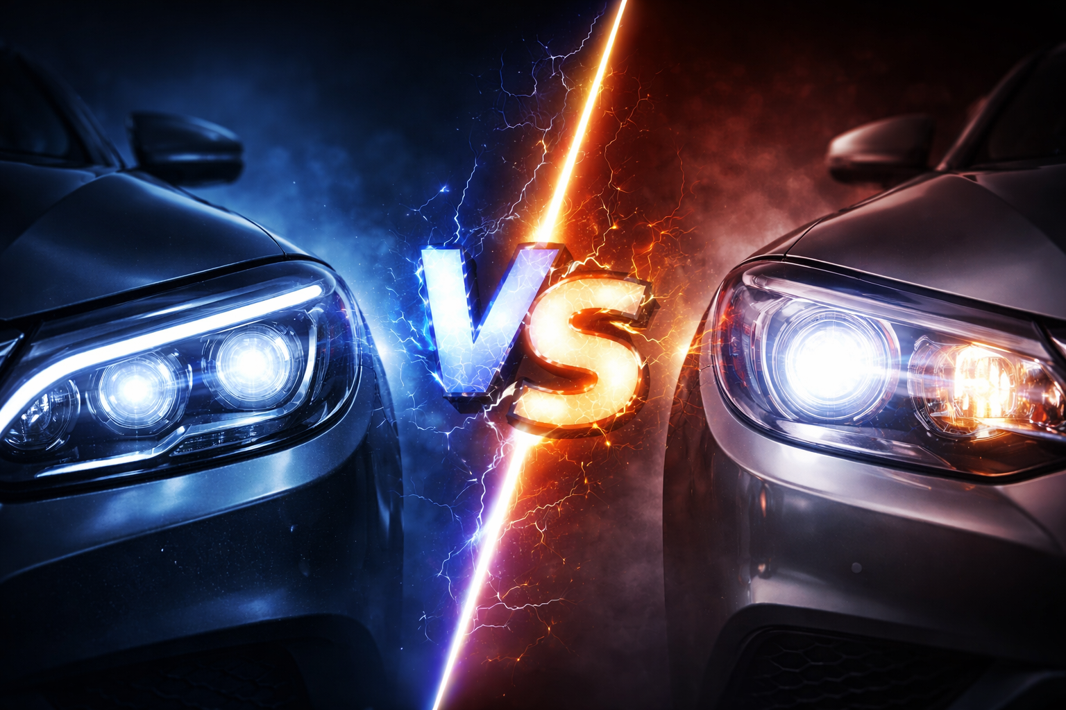 LED headlights vs HID car headlights comparison close-up at night