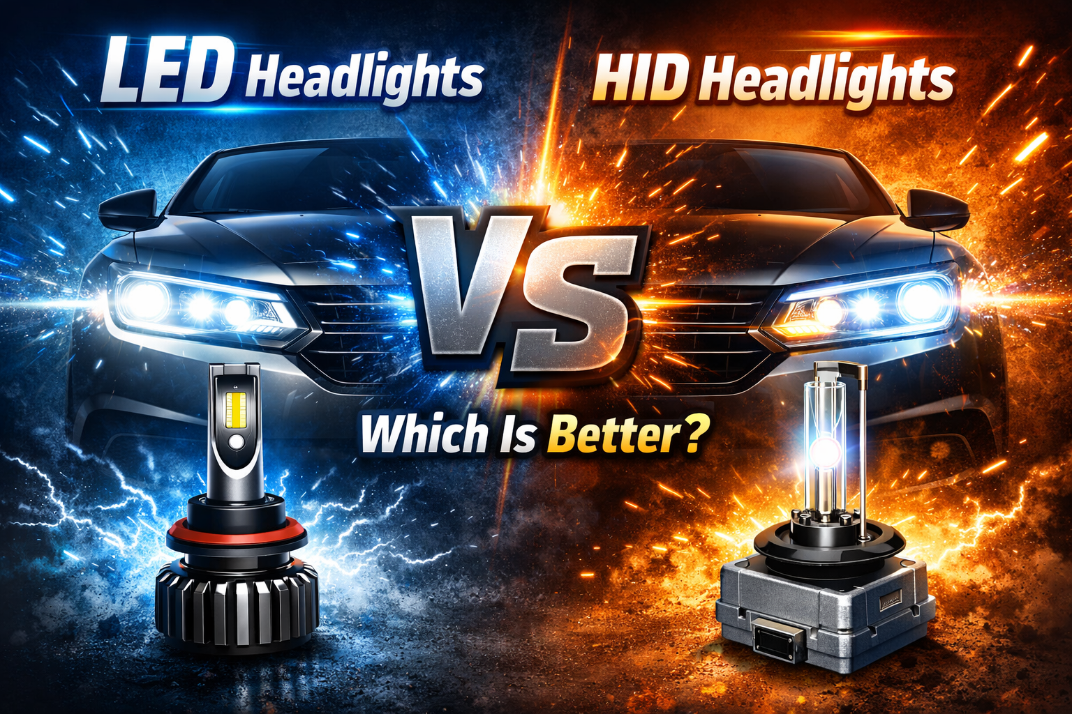 LED headlights vs HID car headlights comparison with bright beam lighting