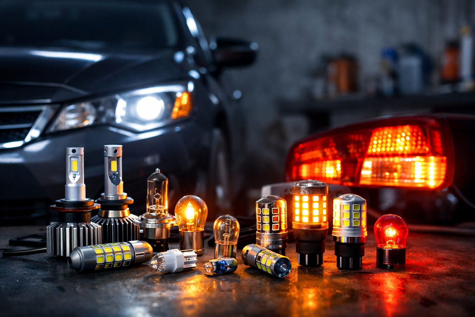 Car LED and halogen bulbs comparison on garage table. Replace car bulbs with LEDs