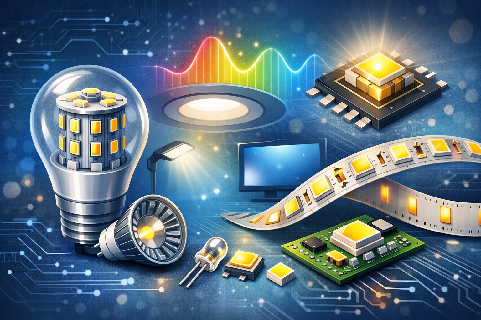 Various LED Basics lighting components including bulb, strip lights and circuit board