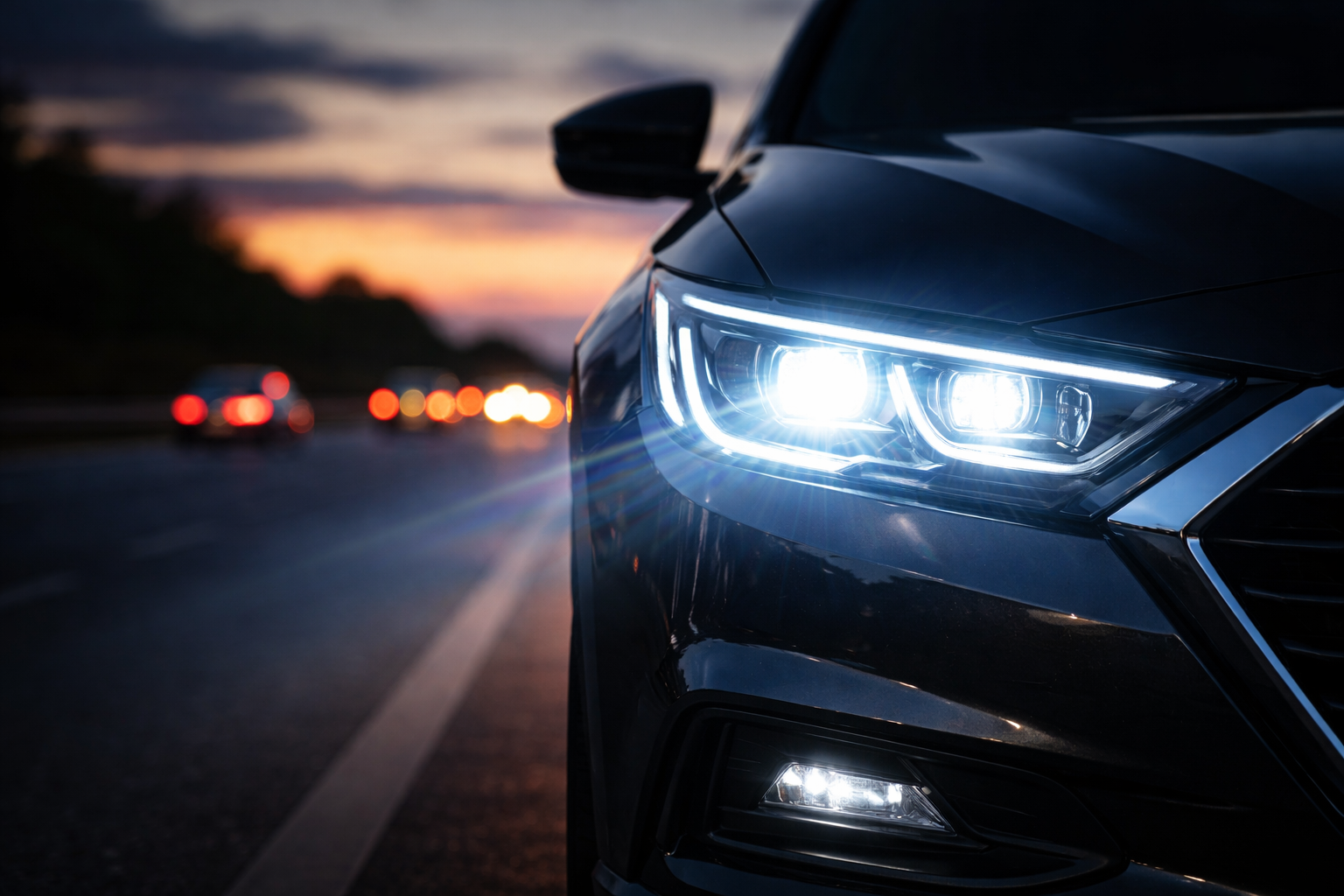 Bright car LED headlights shining on road at dusk