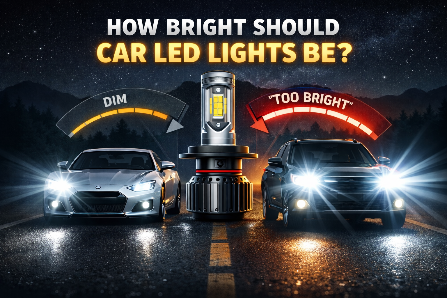 Car LED headlights brightness comparison on night road with LED bulb illustration