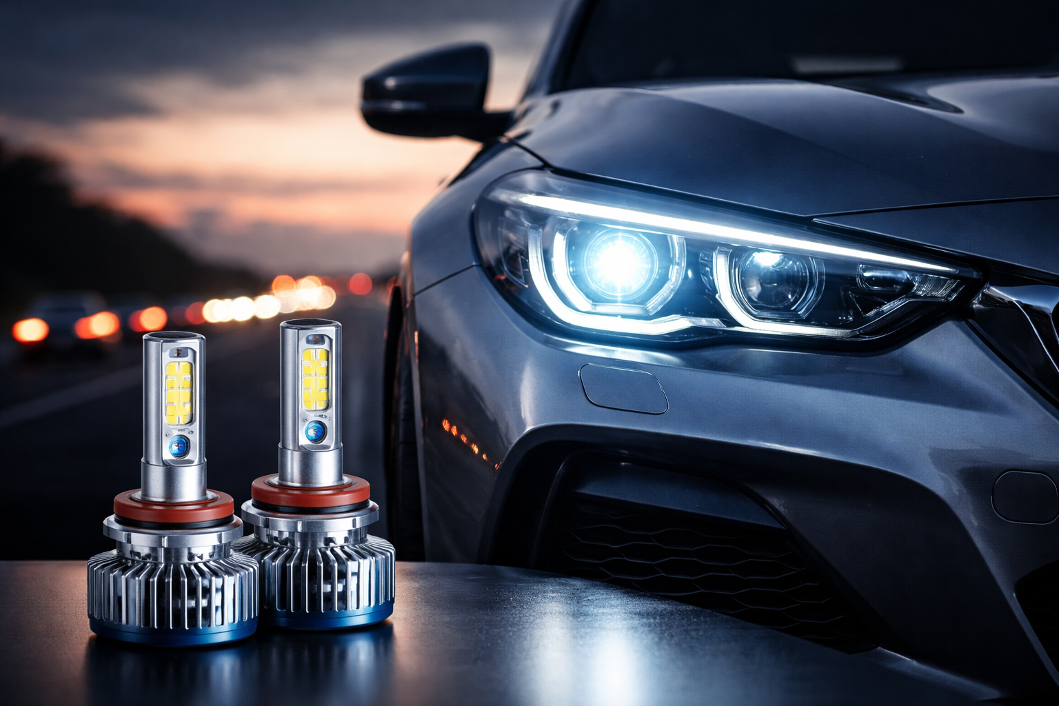 Car LED lights safe for cars with modern LED bulbs installed at dusk
