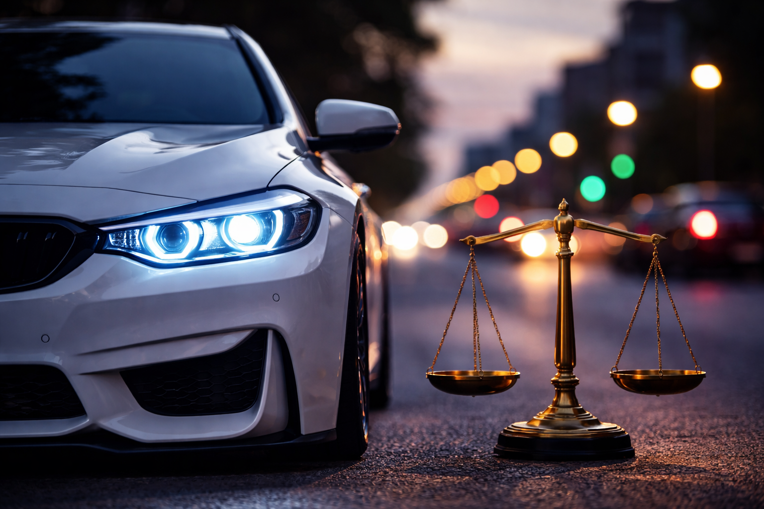 LED car headlight next to legal scales symbol at night on city street