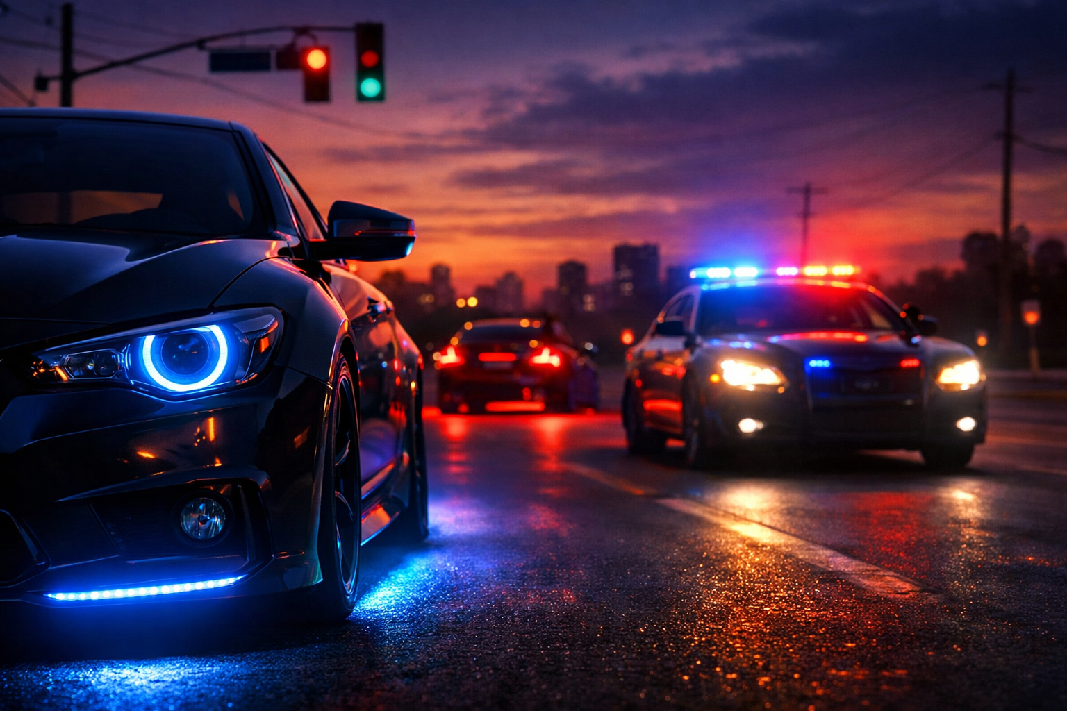 Colored LED lights on cars at night with police vehicle highlighting road safety laws