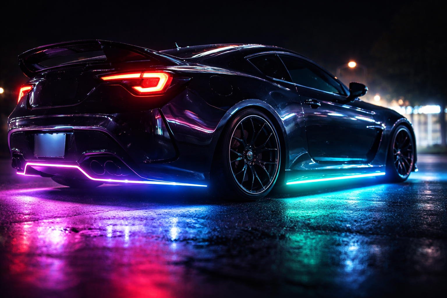 LED car with colorful underglow lights glowing at night on wet street