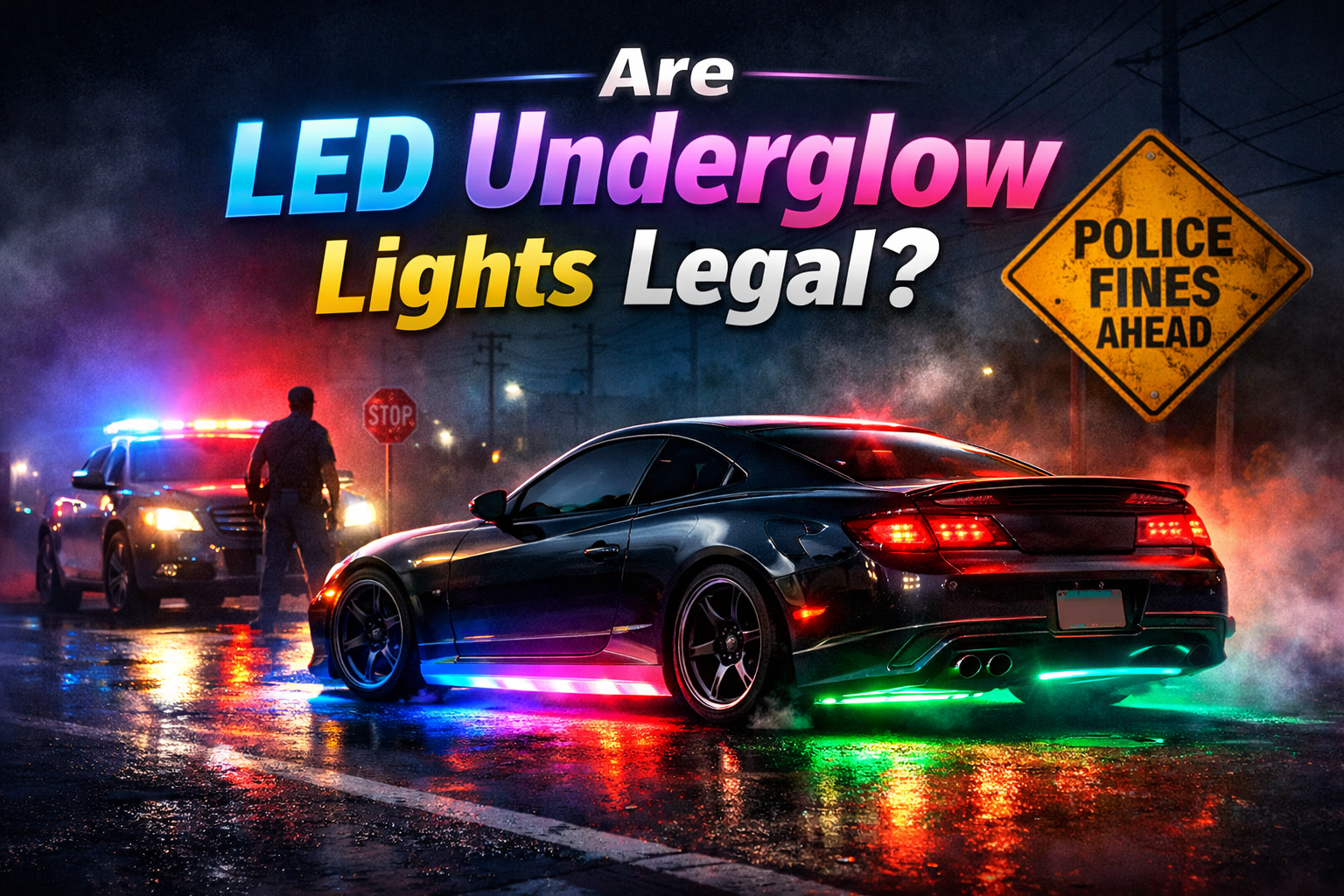 LED underglow car lights glowing on a sports car during a nighttime traffic stop, illustrating legality of LED underglow lighting