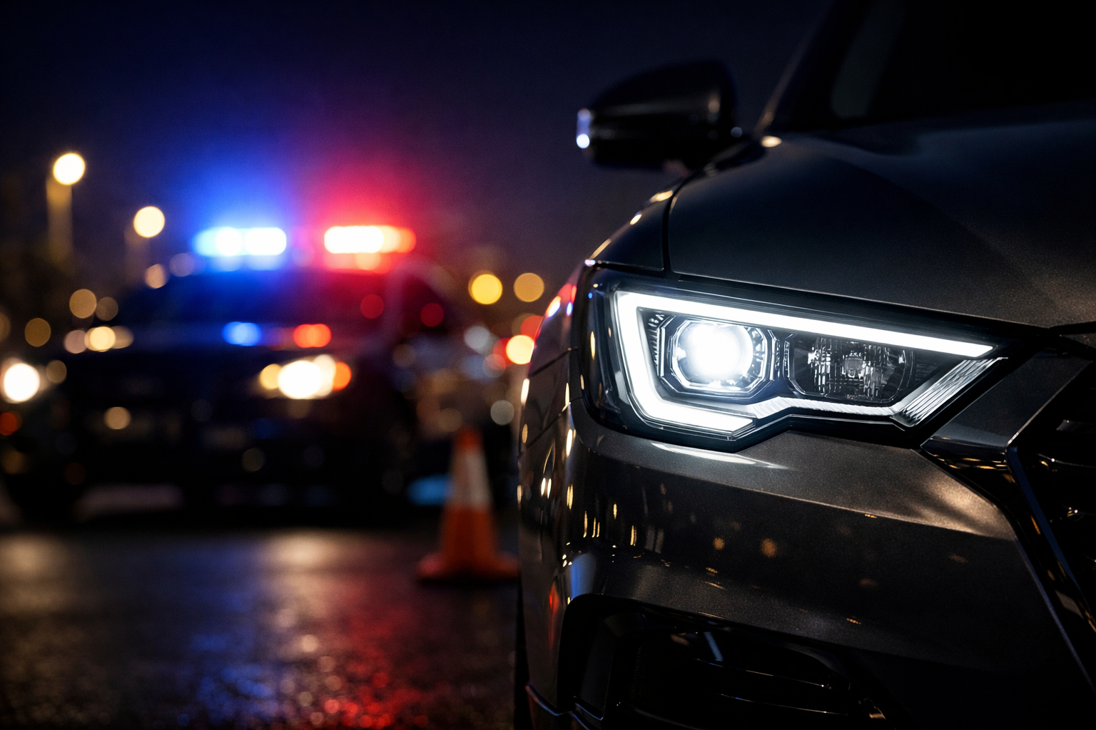 LED headlight conversions legal at night with police lights in background