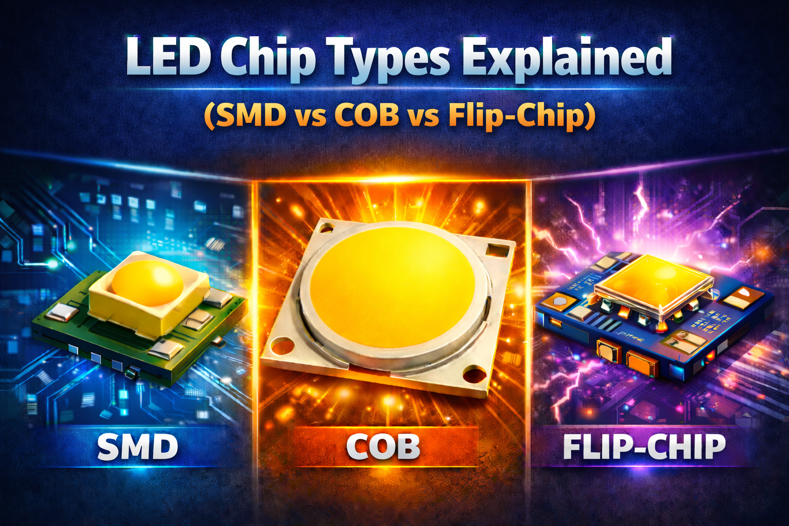 LED chip types explained showing SMD, COB and Flip-Chip LED technology on circuit boards