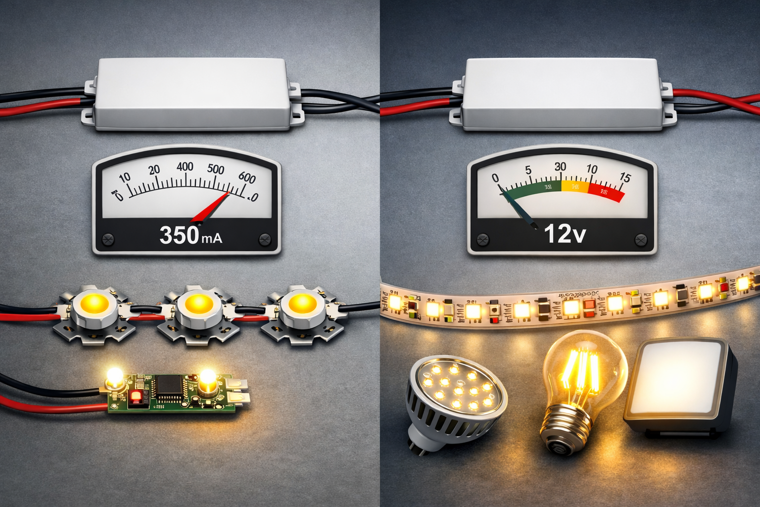 Constant current vs constant voltage LED drivers powering different LED lighting systems