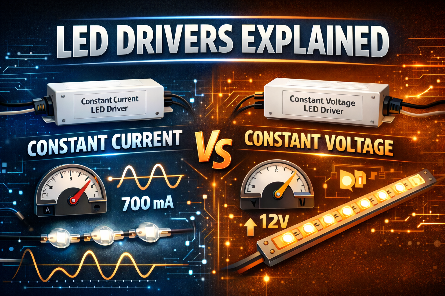 LED drivers explained comparison showing constant current vs constant voltage LED driver with LED strip and current meter diagram