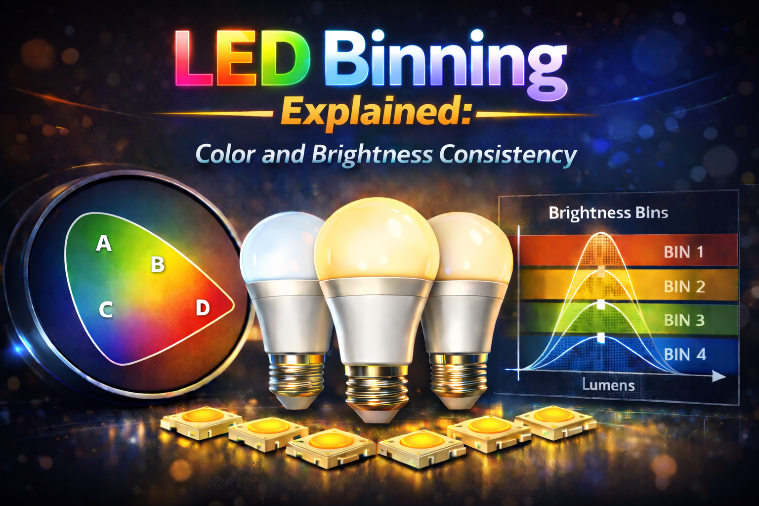 LED binning explained diagram showing color bins A B C D and brightness consistency