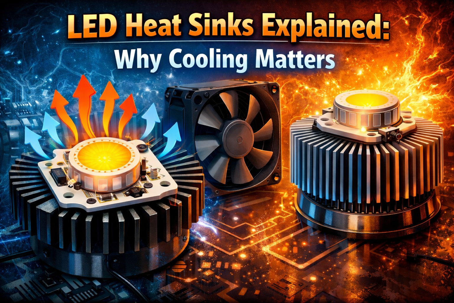 LED heat sink cooling system with aluminum fins and fan dissipating heat from high-power LED module