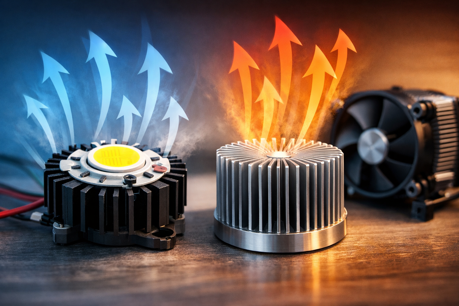 LED heat sinks cooling high-power LED modules with aluminum fins dissipating heat