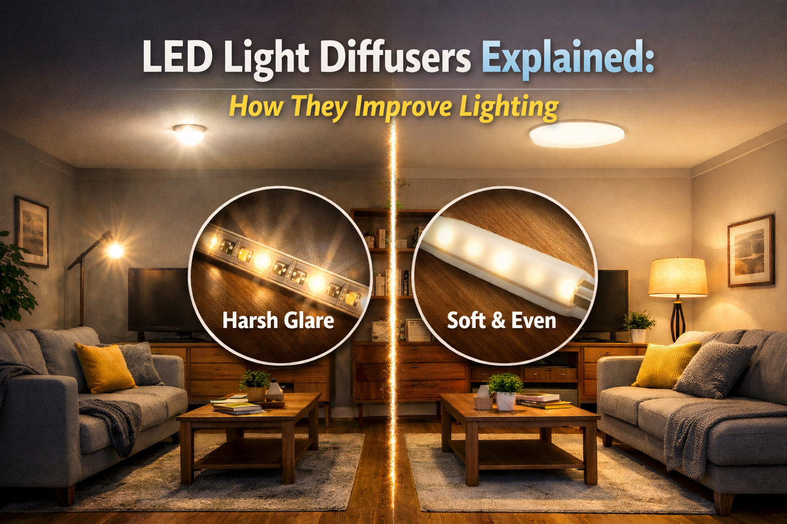 LED light diffusers comparison showing harsh LED glare vs soft diffused lighting in a modern living room