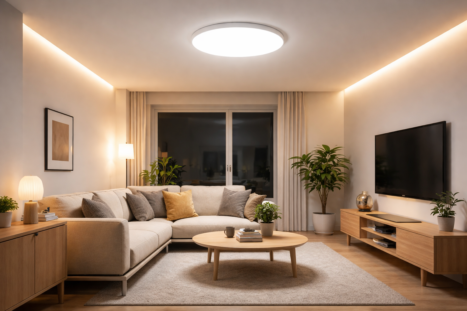 LED ceiling light with diffusers creating soft, even lighting in a modern living room