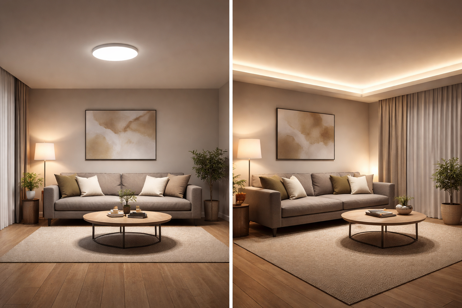 Direct vs indirect LED lighting comparison in two modern living rooms showing ceiling light and indirect LED strip illumination