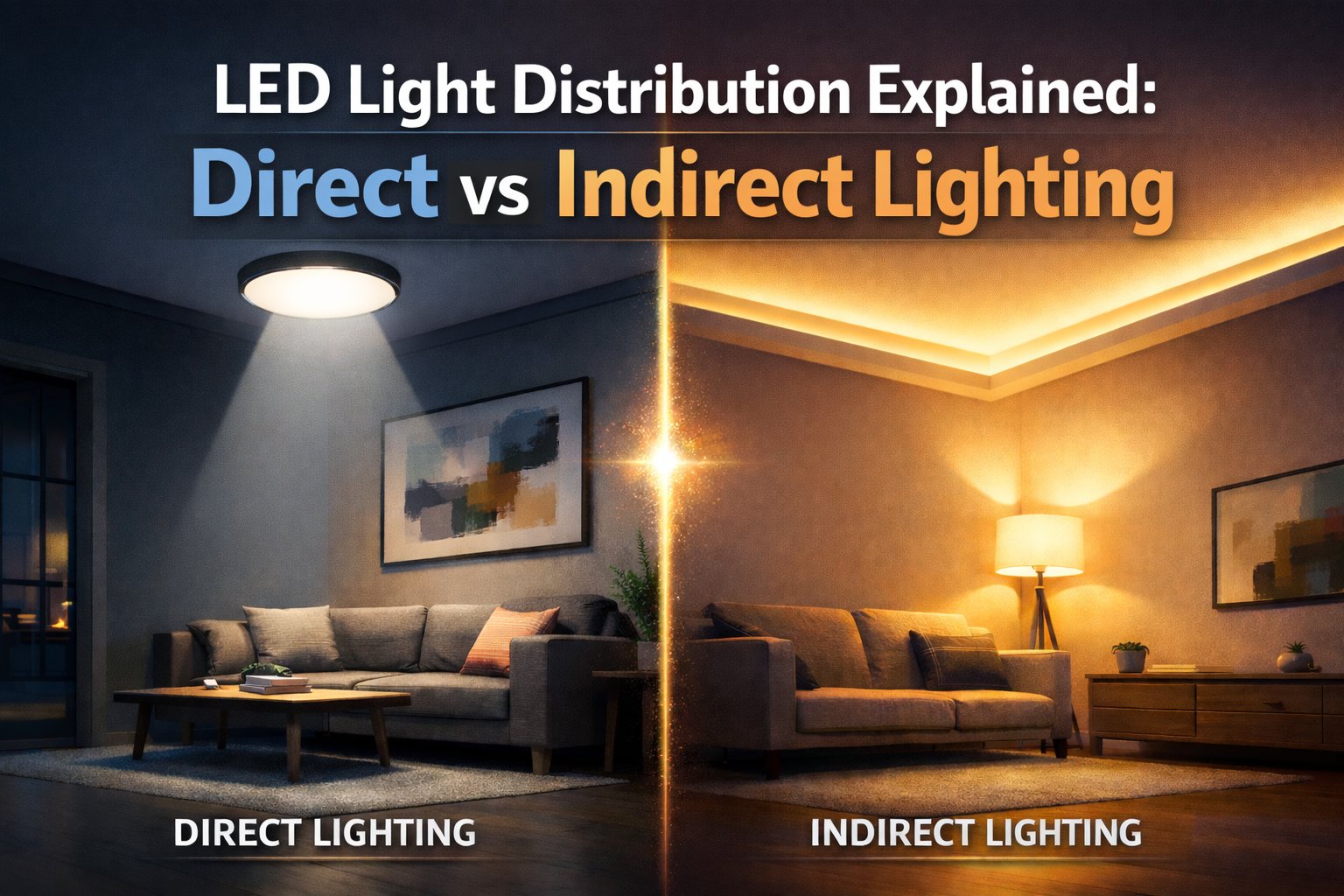 Direct vs indirect LED lighting comparison in living room showing light distribution differences