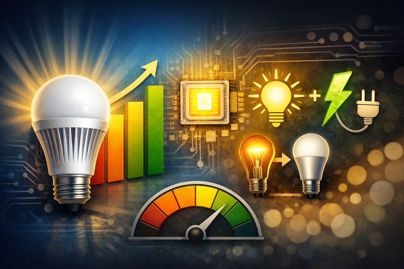 LED efficiency concept showing lumens per watt comparison with LED bulb and energy performance graphics