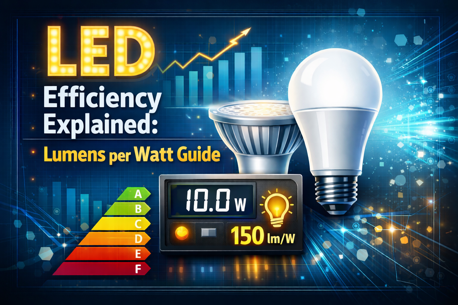 LED efficiency illustration showing lumens per watt and energy efficiency scale