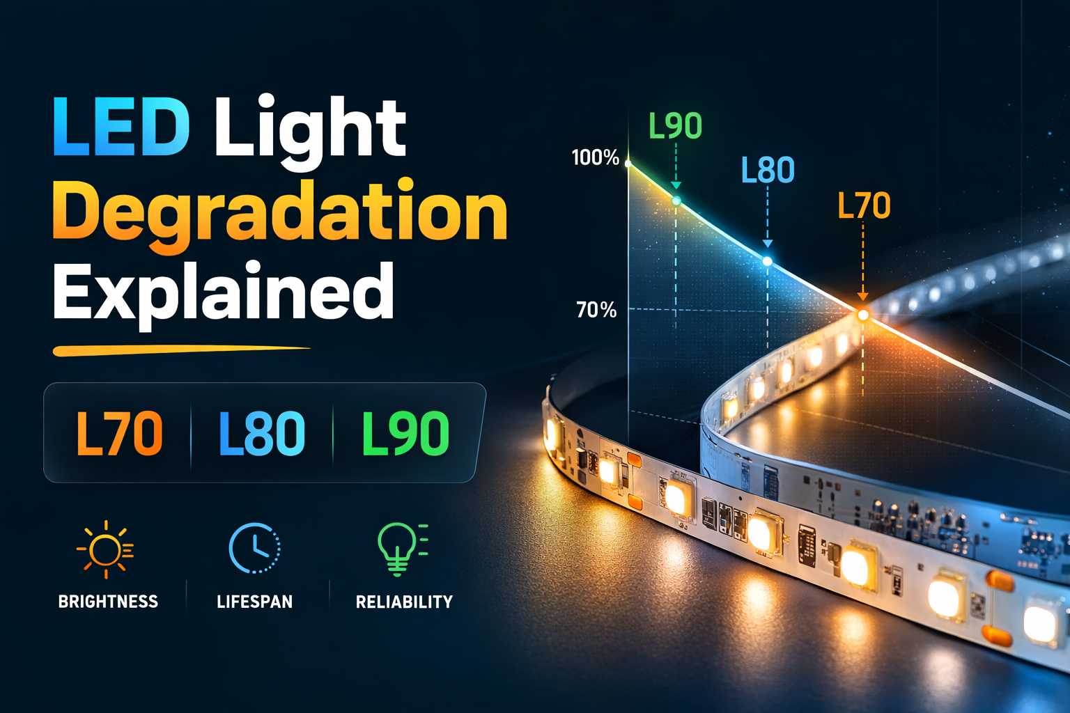 LED light degradation chart showing L70, L80, and L90 lumen maintenance over time with LED bulb illustration