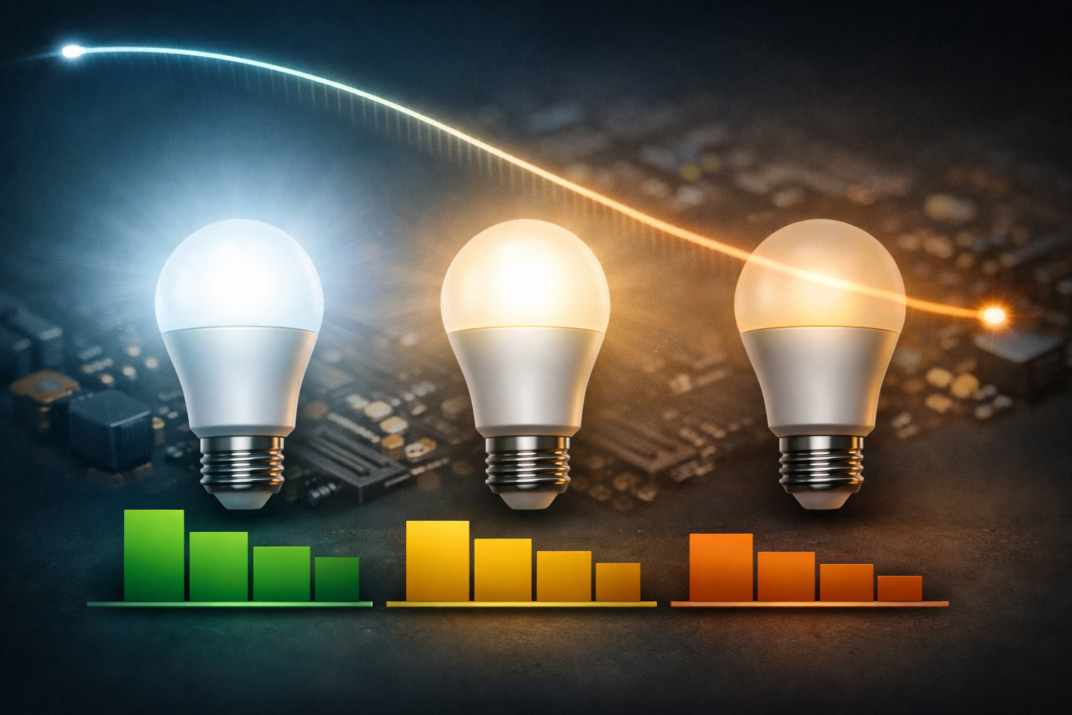 LED light degradation concept showing bulbs gradually dimming over time on electronic circuit background