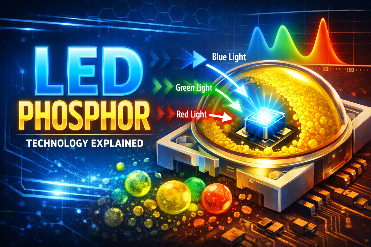 LED phosphor technology diagram showing blue LED chip converting light through phosphor coating to produce white LED illumination