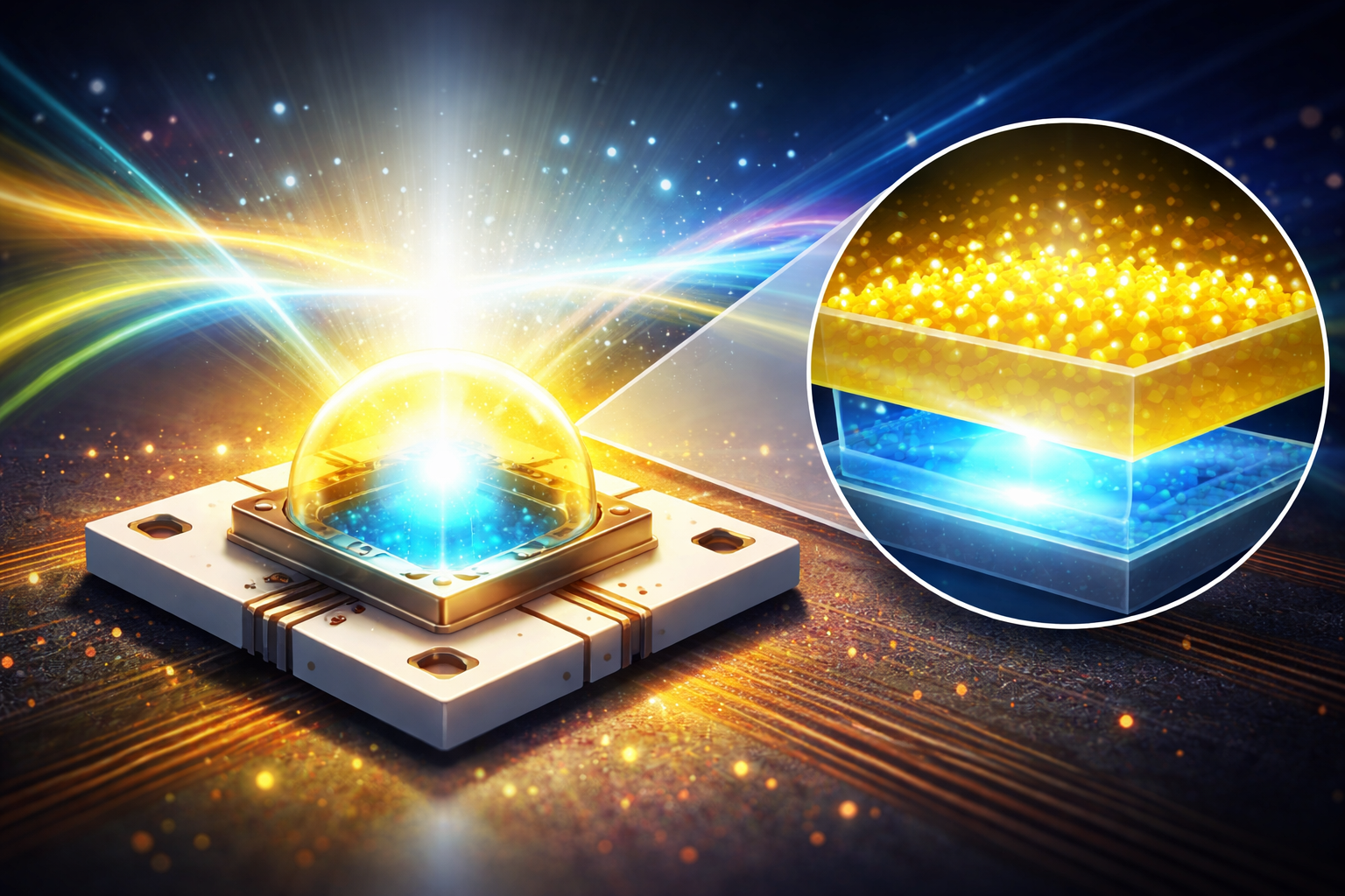 LED phosphor technology converting blue LED light into white light through phosphor coating