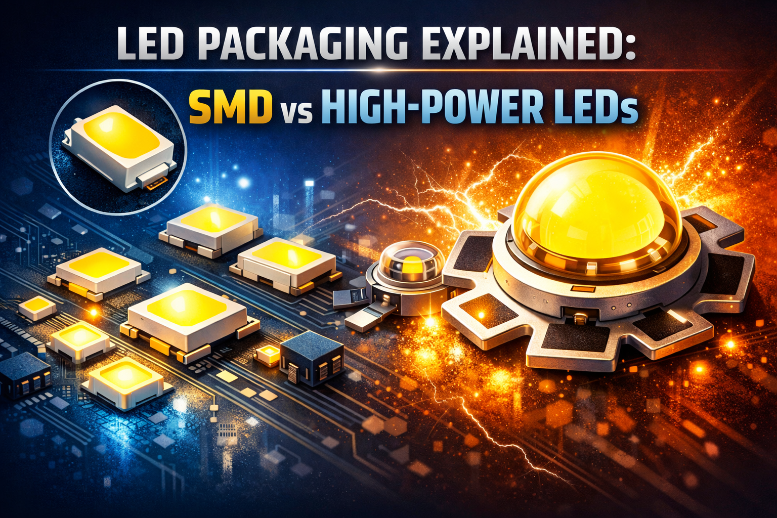 SMD vs high-power LED packaging comparison on circuit board showing different LED package designs
