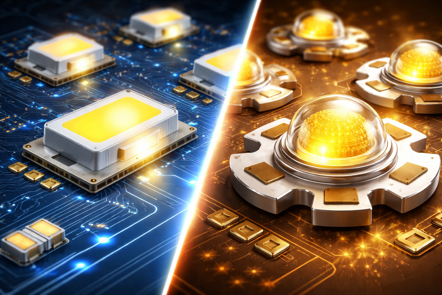 SMD LEDs and high-power LED chip comparison on electronic circuit boards