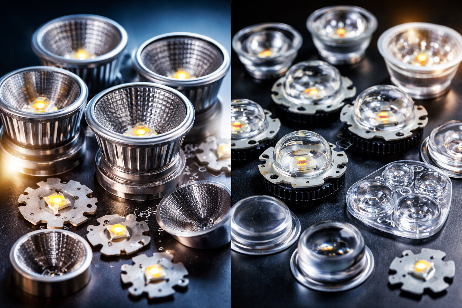 LED optical systems comparison showing reflectors and lenses used to control light beam distribution