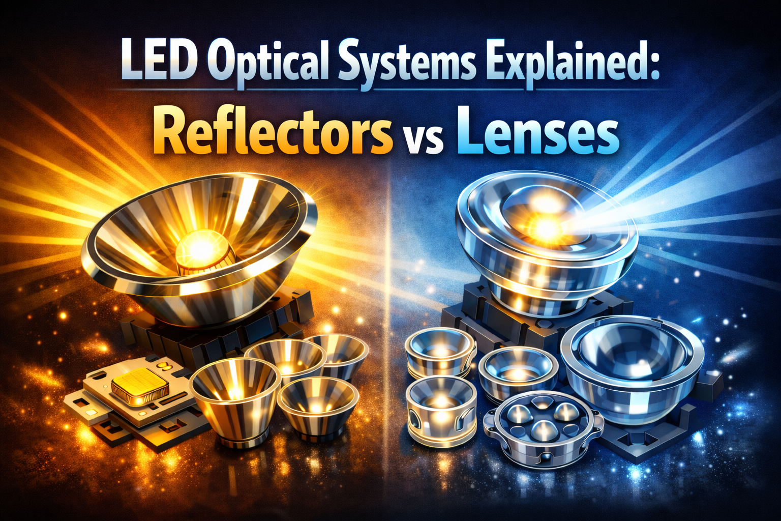LED optical systems comparison showing reflector vs lens light control in LED lighting design