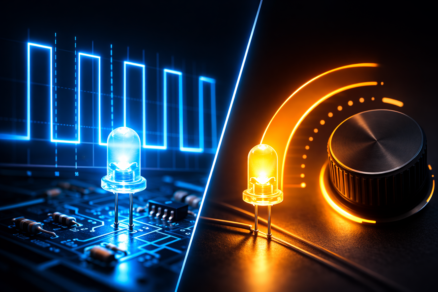 PWM vs analog LED dimming comparison with electronic circuit and dimmer control knob