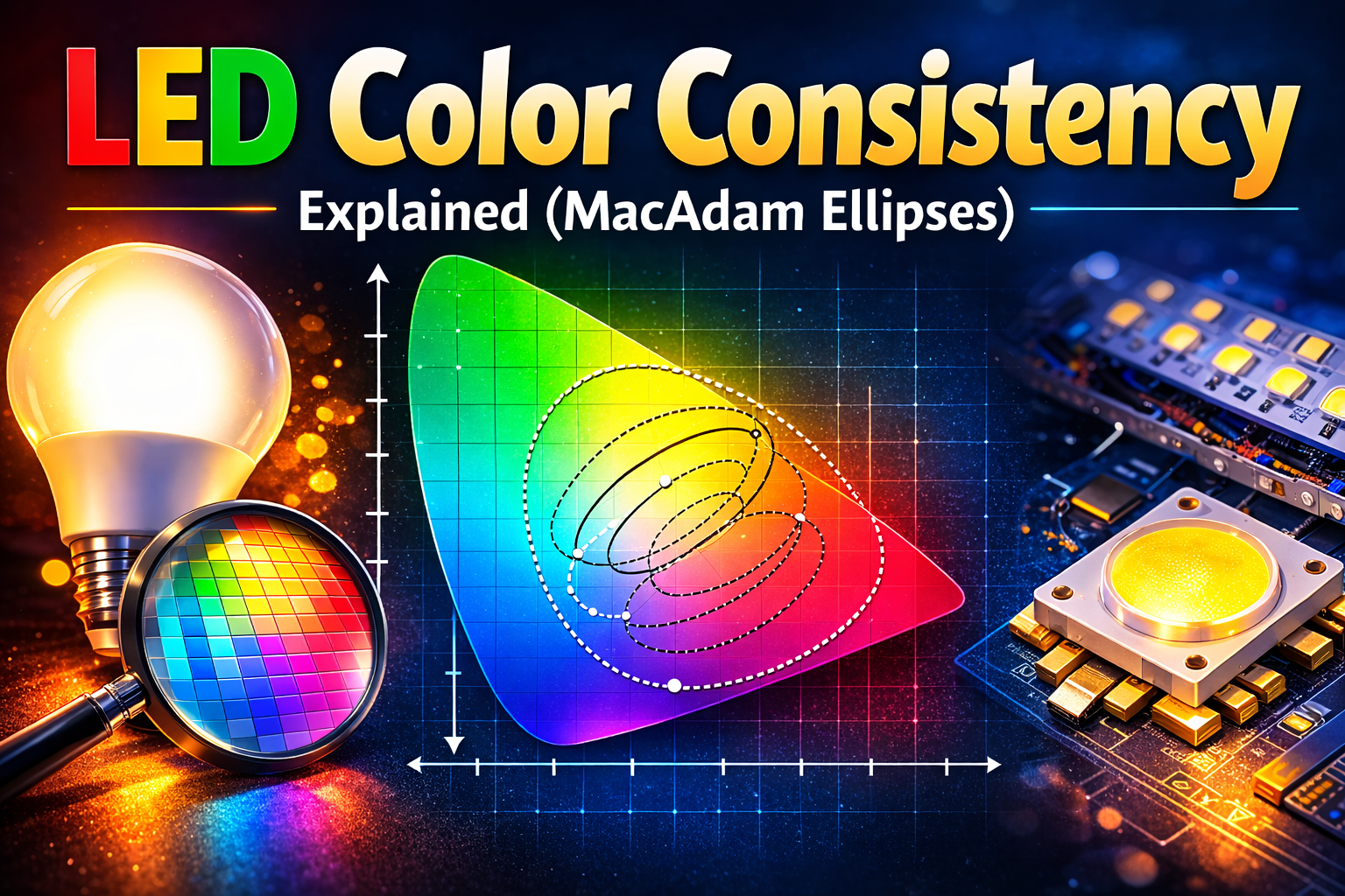 LED color consistency diagram showing MacAdam ellipses on CIE chromaticity chart with LED bulb and color spectrum visualization