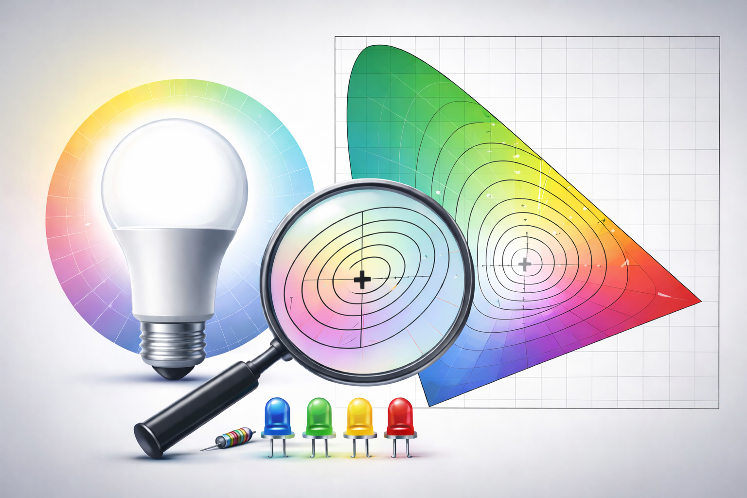 MacAdam ellipses diagram showing LED color consistency on CIE chromaticity chart with magnifying glass illustration