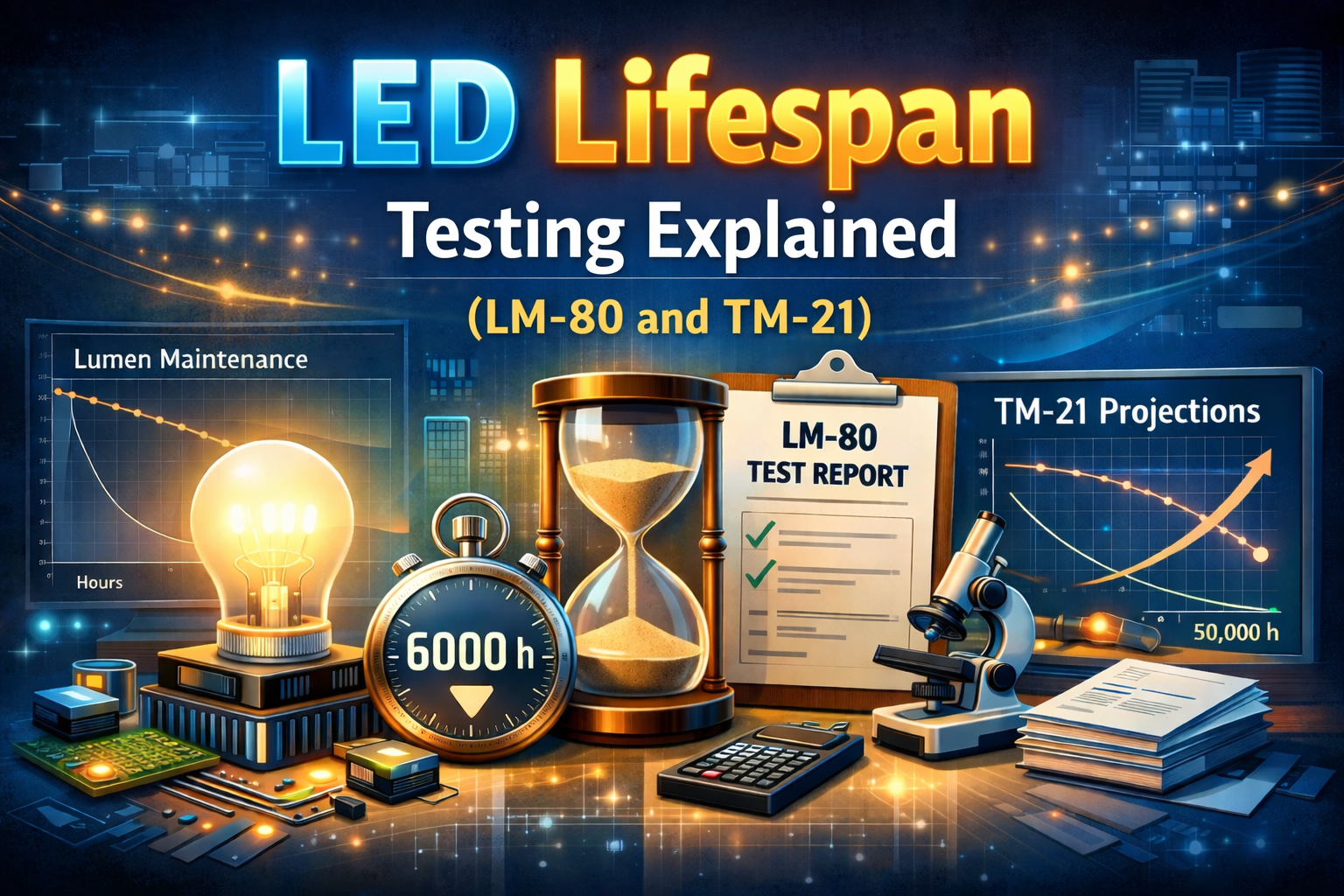 LED lifespan testing diagram showing LM-80 and TM-21 lumen maintenance analysis