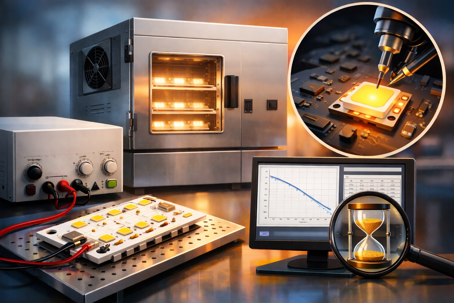 LED lifespan testing setup with LED modules in a thermal chamber and laboratory measurement equipment