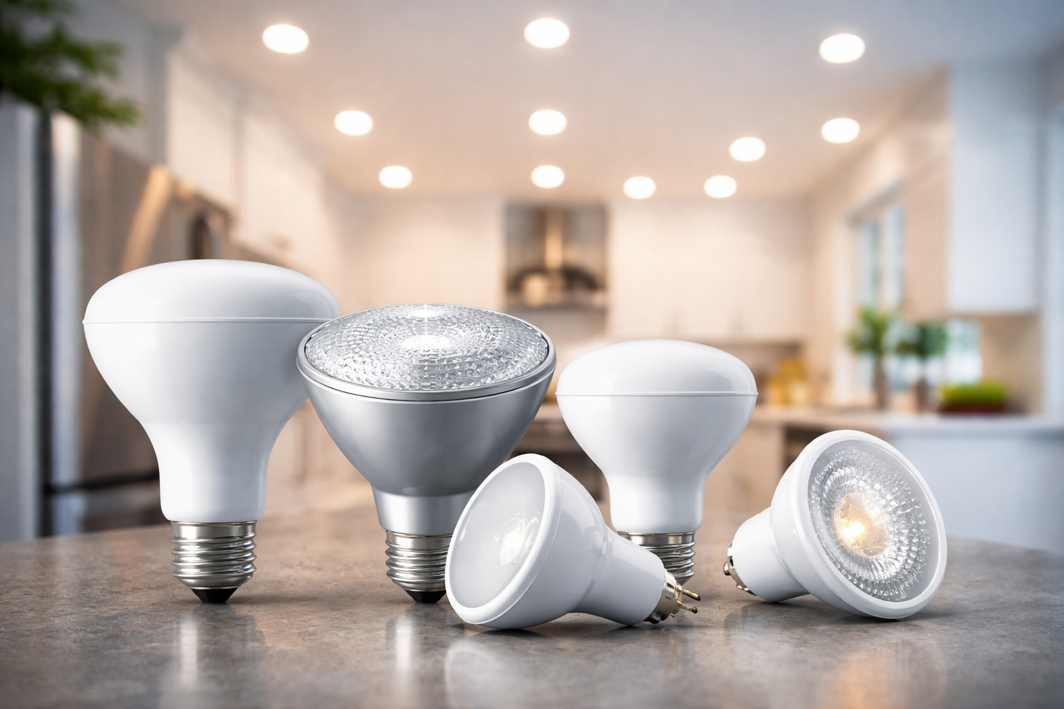 LED bulbs for recessed lighting types on kitchen countertop